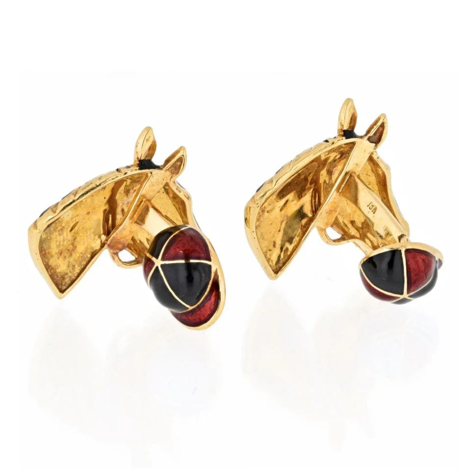 David Webb 18K Yellow Gold Black Enamel Jockey Horse Cuff Links - The Back Vault