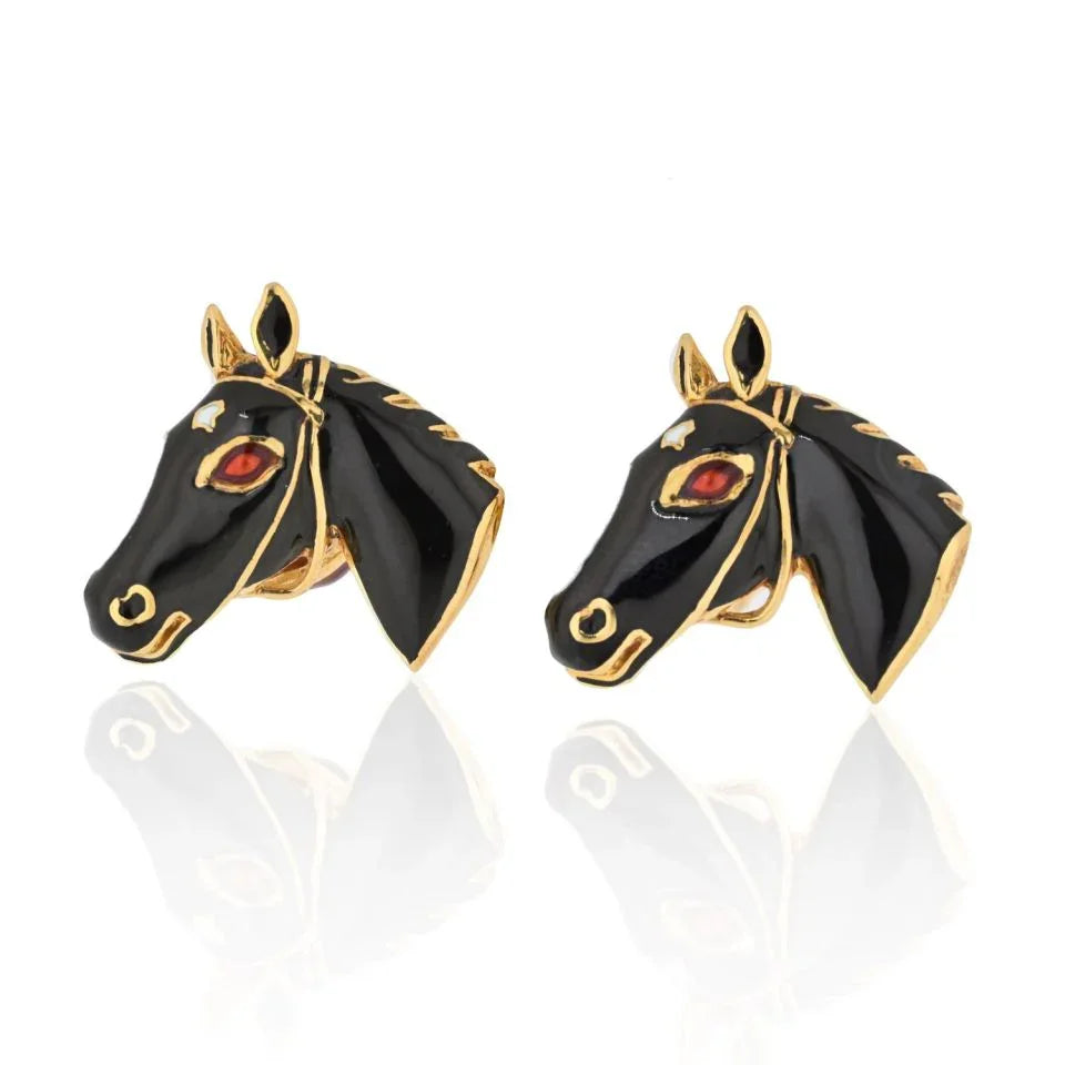 David Webb 18K Yellow Gold Black Enamel Jockey Horse Cuff Links - The Back Vault
