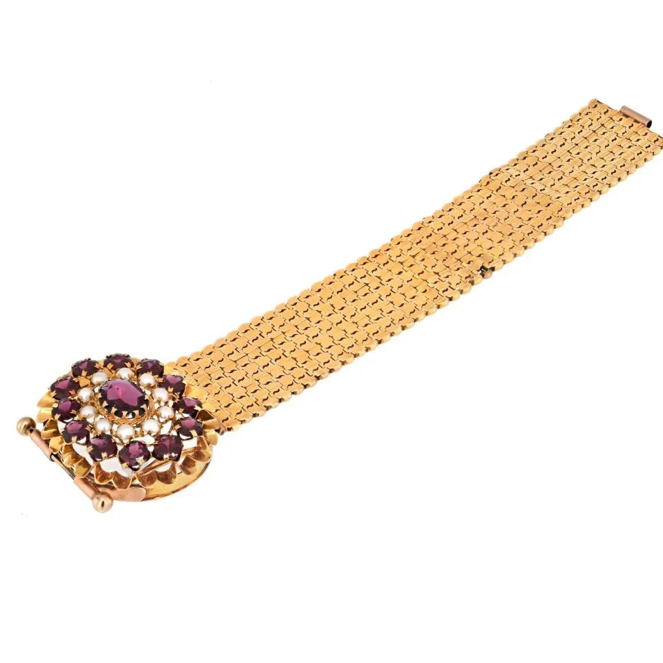 18K Yellow Gold Victorian Garnet and Pearl Bracelet - The Back Vault