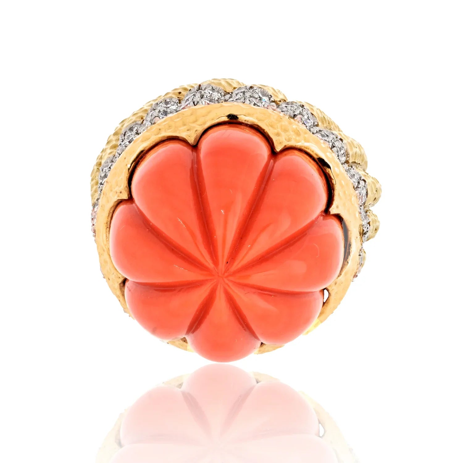 David Webb Platinum & 18K Yellow Gold Carved Coral Diamond Rim Ring - The Back Vault