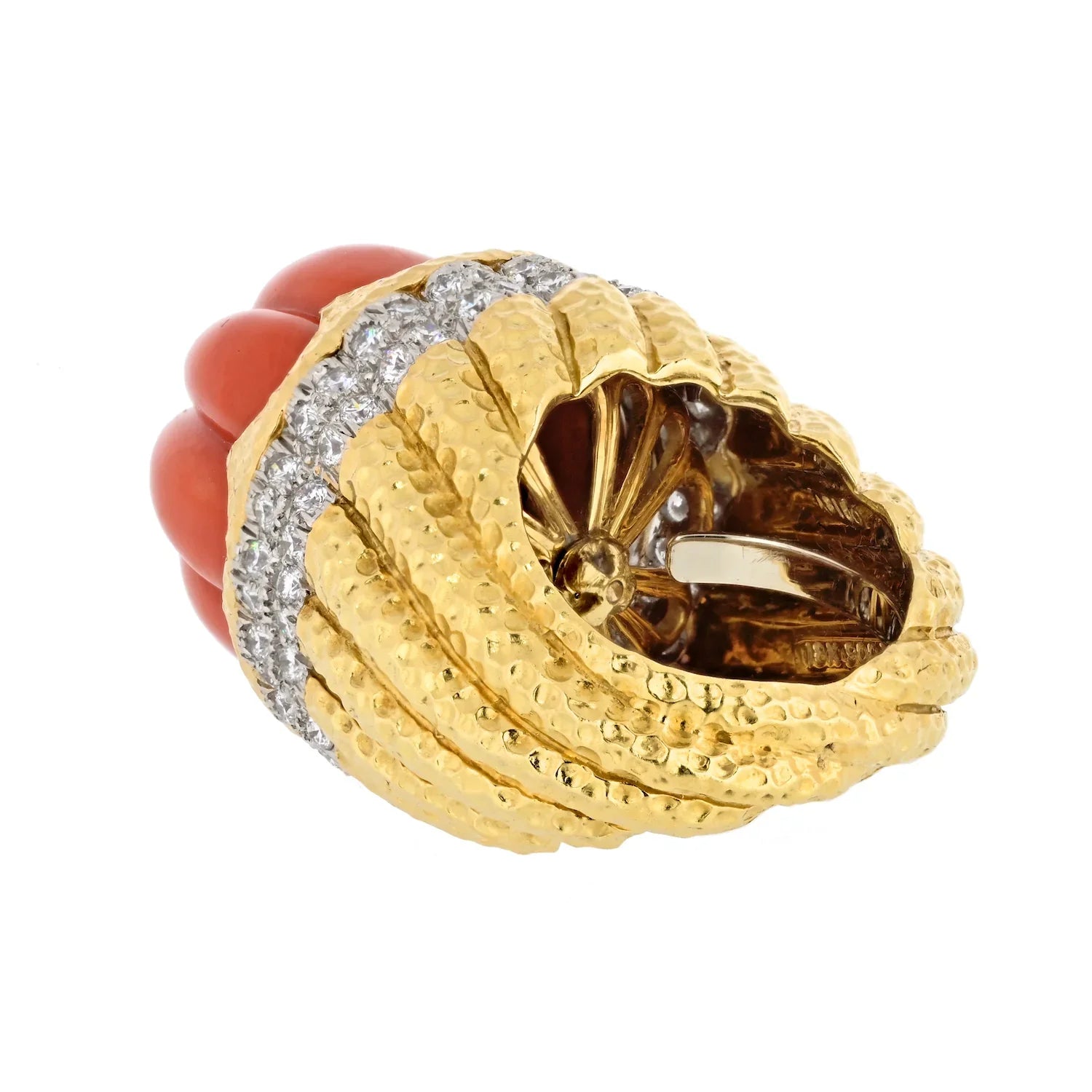 David Webb Platinum & 18K Yellow Gold Carved Coral Diamond Rim Ring - The Back Vault