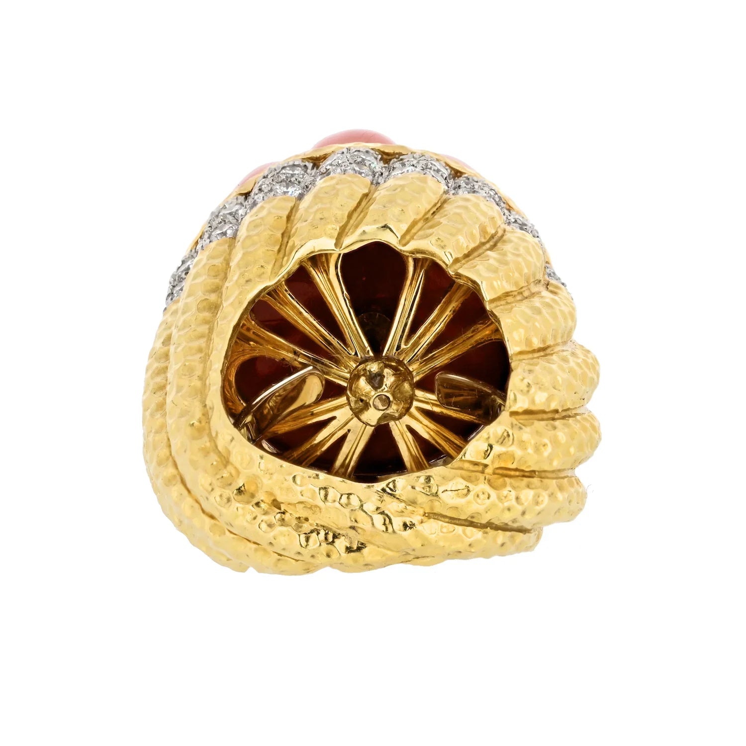 David Webb Platinum & 18K Yellow Gold Carved Coral Diamond Rim Ring - The Back Vault