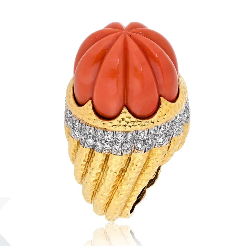 David Webb Platinum & 18K Yellow Gold Carved Coral Diamond Rim Ring - The Back Vault