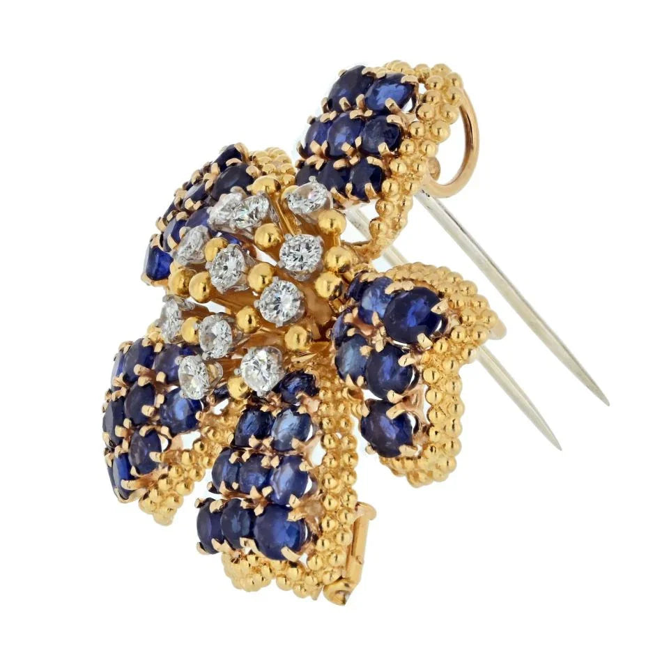 David Webb Platinum & 18K Yellow Gold Diamond And Sapphire Flower Brooch - The Back Vault