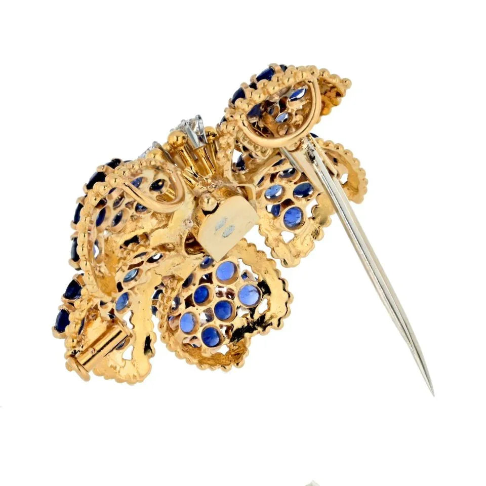 David Webb Platinum & 18K Yellow Gold Diamond And Sapphire Flower Brooch - The Back Vault