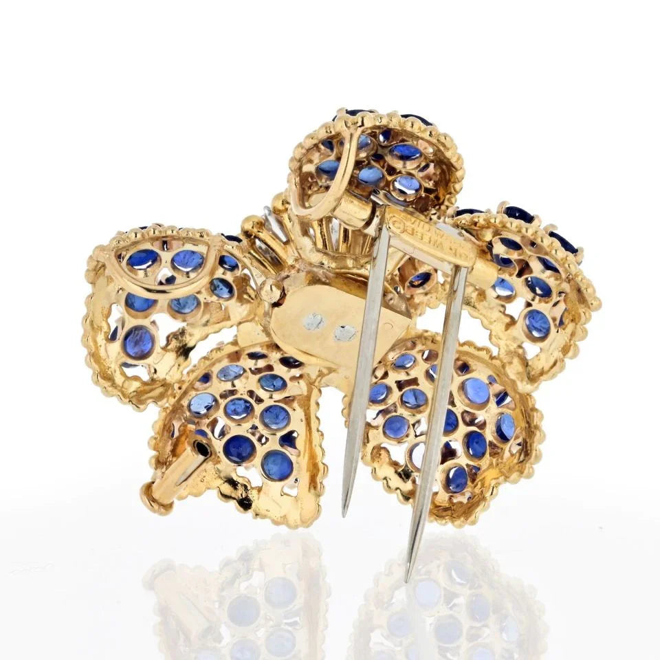 David Webb Platinum & 18K Yellow Gold Diamond And Sapphire Flower Brooch - The Back Vault