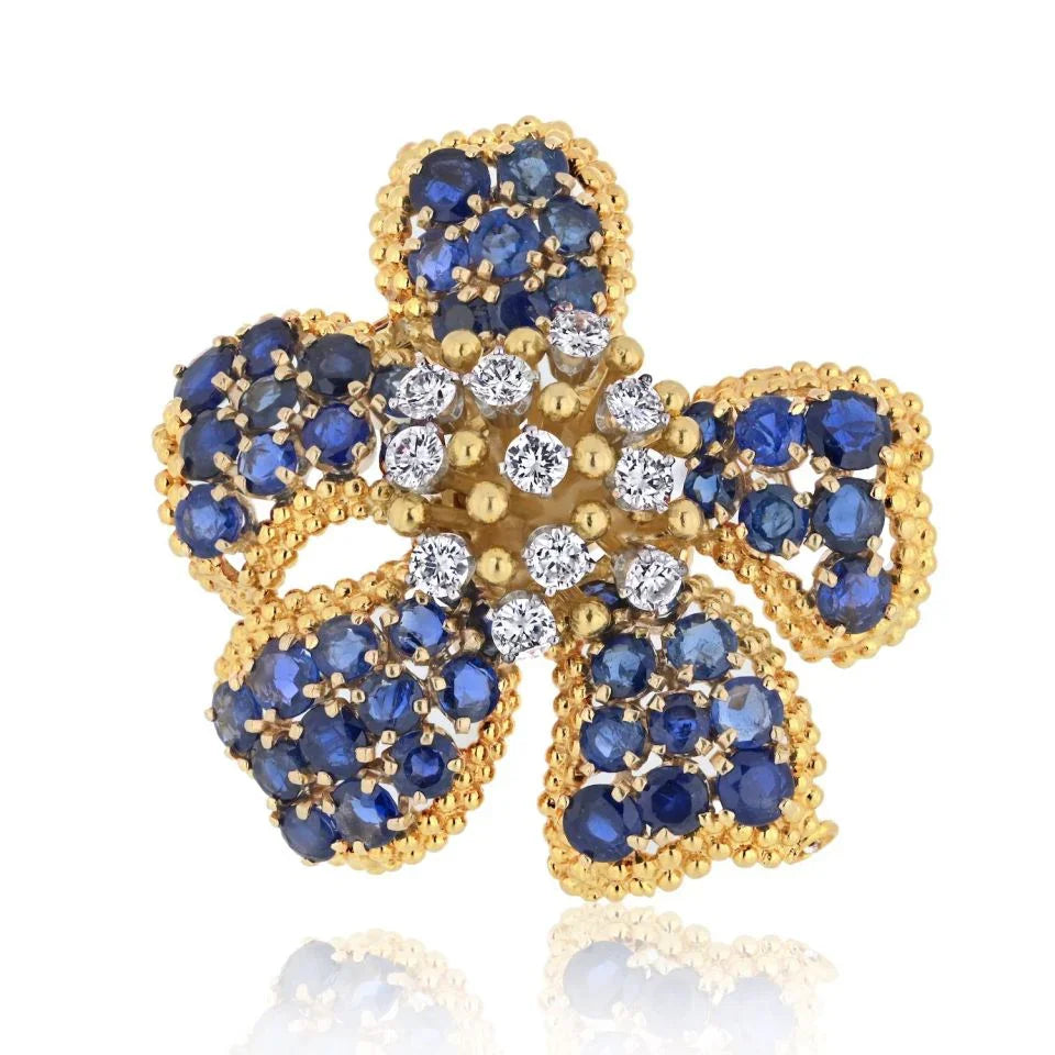 David Webb Platinum & 18K Yellow Gold Diamond And Sapphire Flower Brooch - The Back Vault
