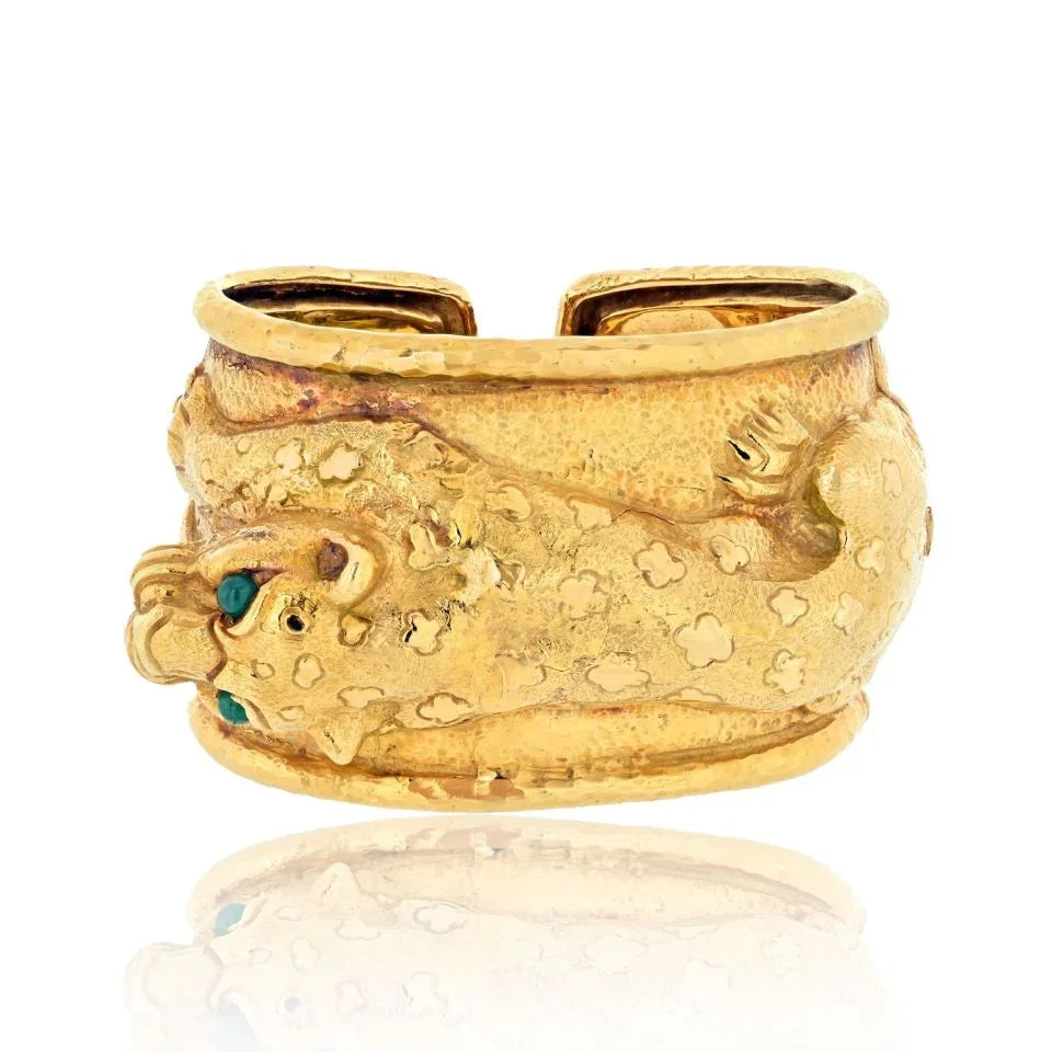 David Webb 18K Yellow Gold Repousee Leopard With Green Emerald Eyes Bracelet - The Back Vault