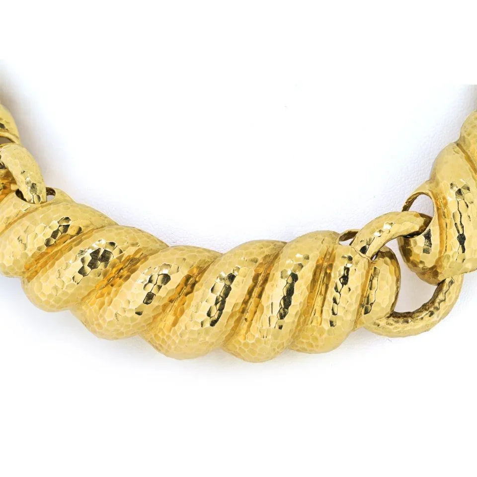 David Webb Platinum & 18K Yellow Gold Hammered Curved Link Choker Necklace - The Back Vault