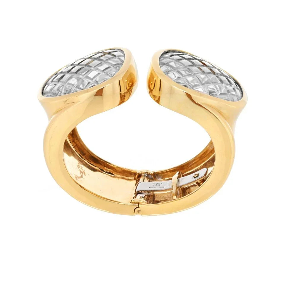 David Webb Platinum & 18K Yellow Gold Rock Crystal Cross Hatched Bracelet - The Back Vault