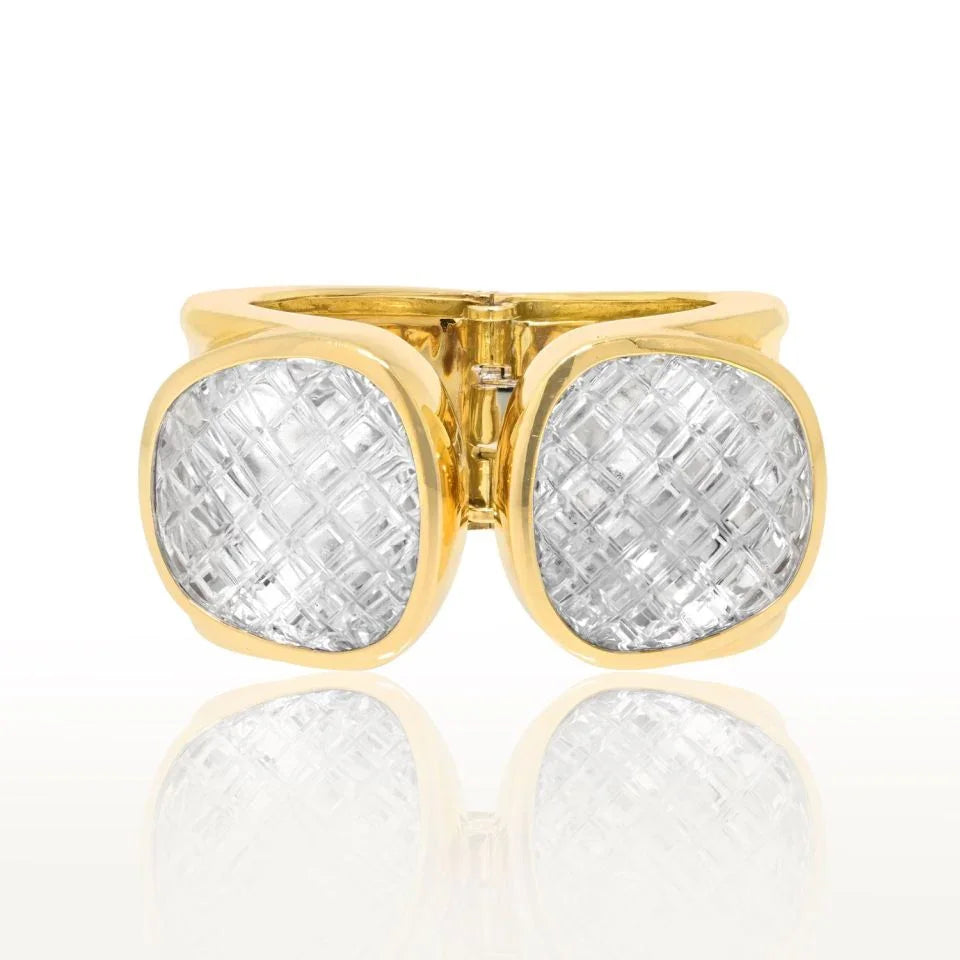 David Webb Platinum & 18K Yellow Gold Rock Crystal Cross Hatched Bracelet - The Back Vault