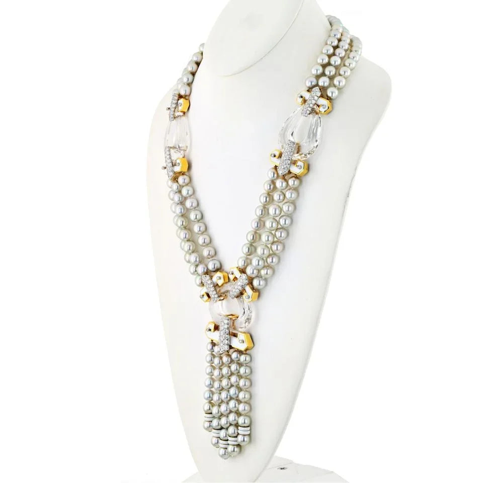 David Webb Platinum & 18K Yellow Gold Dusk Pearl Rock Crystal Diamond White Enamel Necklace - The Back Vault