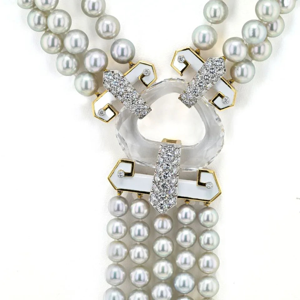 David Webb Platinum & 18K Yellow Gold Dusk Pearl Rock Crystal Diamond White Enamel Necklace - The Back Vault