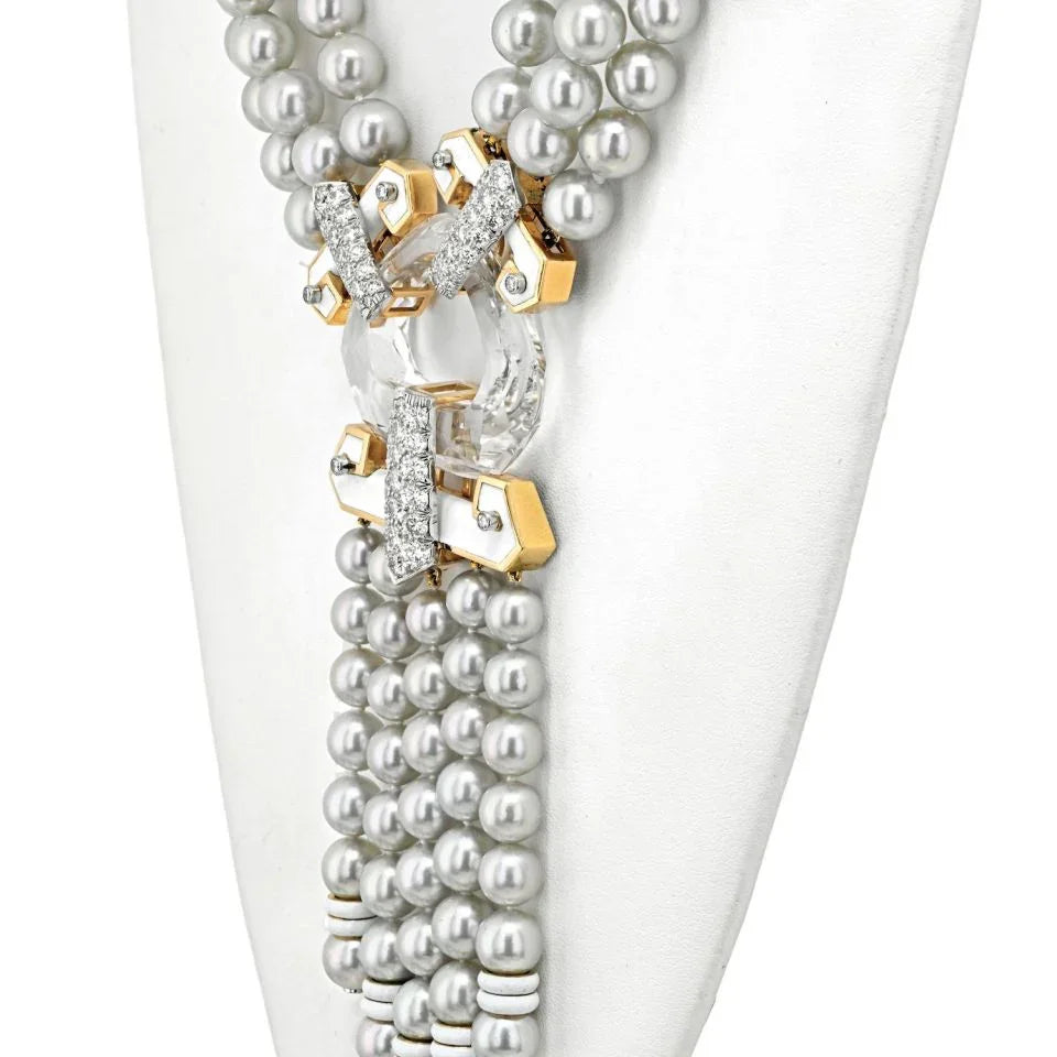 David Webb Platinum & 18K Yellow Gold Dusk Pearl Rock Crystal Diamond White Enamel Necklace - The Back Vault