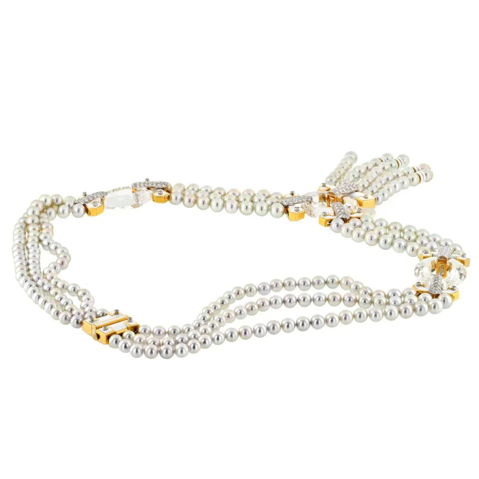 David Webb Platinum & 18K Yellow Gold Dusk Pearl Rock Crystal Diamond White Enamel Necklace - The Back Vault