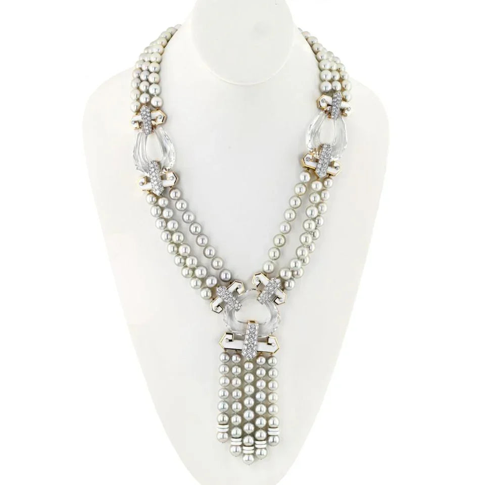 David Webb Platinum & 18K Yellow Gold Dusk Pearl Rock Crystal Diamond White Enamel Necklace - The Back Vault