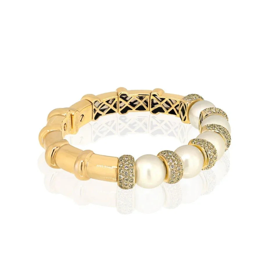 Bvlgari 18K White Gold Diamond And Pearl Cuff Bangle Bracelet - The Back Vault