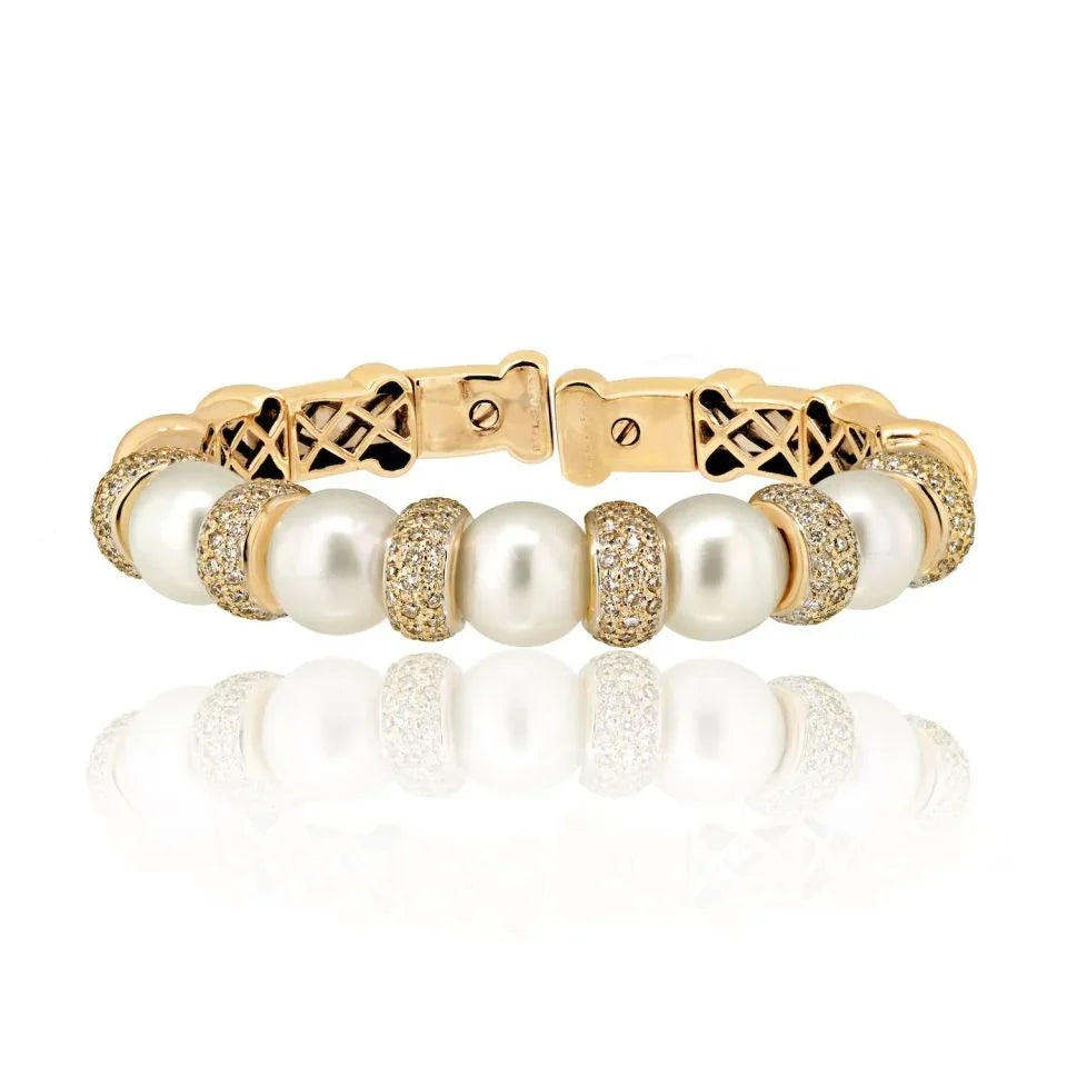 Bvlgari 18K White Gold Diamond And Pearl Cuff Bangle Bracelet - The Back Vault