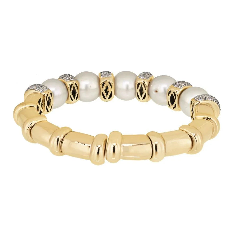 Bvlgari 18K White Gold Diamond And Pearl Cuff Bangle Bracelet - The Back Vault