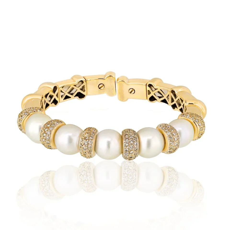 Bvlgari 18K White Gold Diamond And Pearl Cuff Bangle Bracelet - The Back Vault