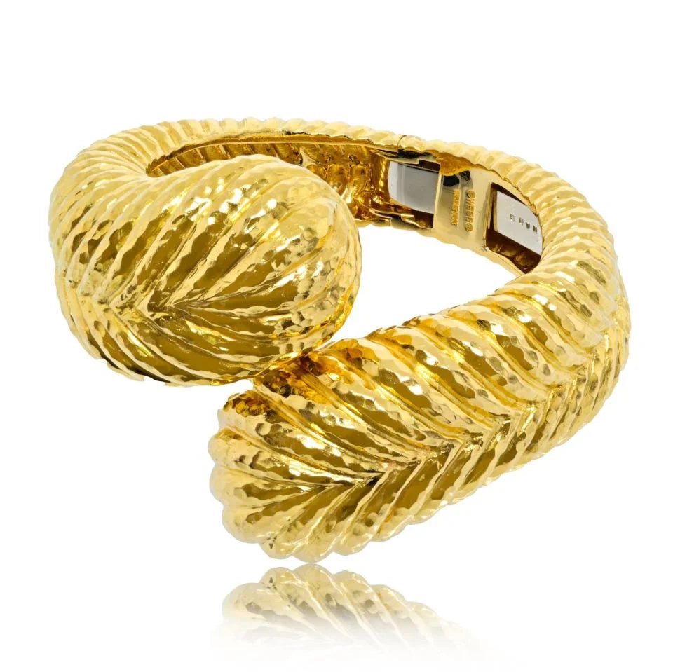 David Webb Crossover 18K Yellow Gold Hammered Cuff Bracelet - The Back Vault