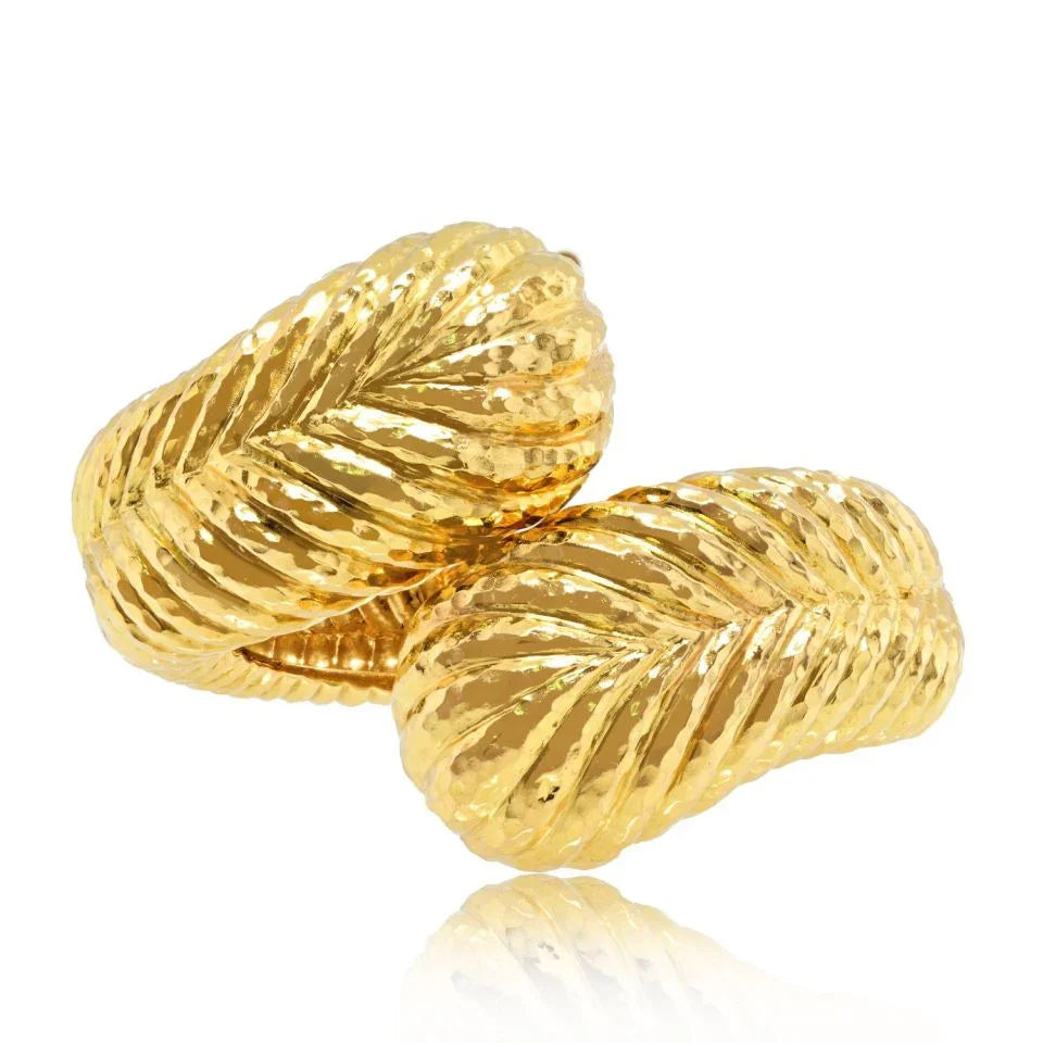 David Webb Crossover 18K Yellow Gold Hammered Cuff Bracelet - The Back Vault