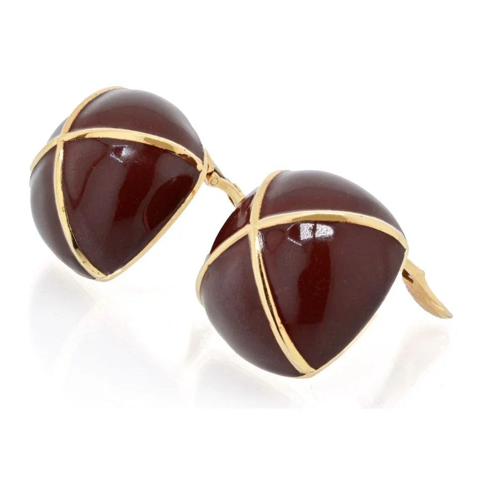 David Webb Yellow Gold Large Square Cushion Brown Enamel Clip-Ons Earrings - The Back Vault