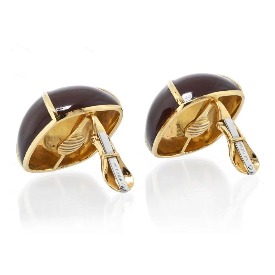David Webb Yellow Gold Large Square Cushion Brown Enamel Clip-Ons Earrings - The Back Vault