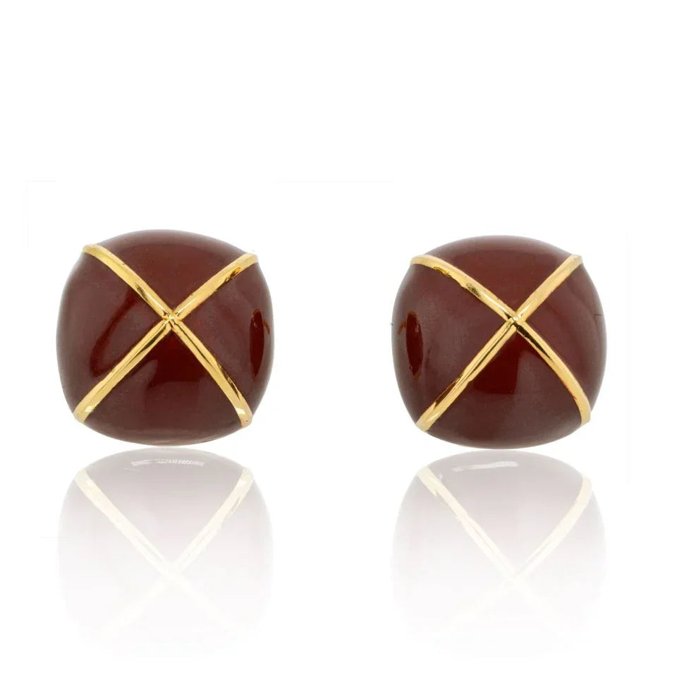 David Webb Yellow Gold Large Square Cushion Brown Enamel Clip-Ons Earrings - The Back Vault