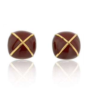 David Webb Yellow Gold Large Square Cushion Brown Enamel Clip-Ons Earrings