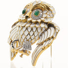 David Webb Platinum & 18K Yellow Gold White Enamel Emerald Eyes Owl Brooch - The Back Vault