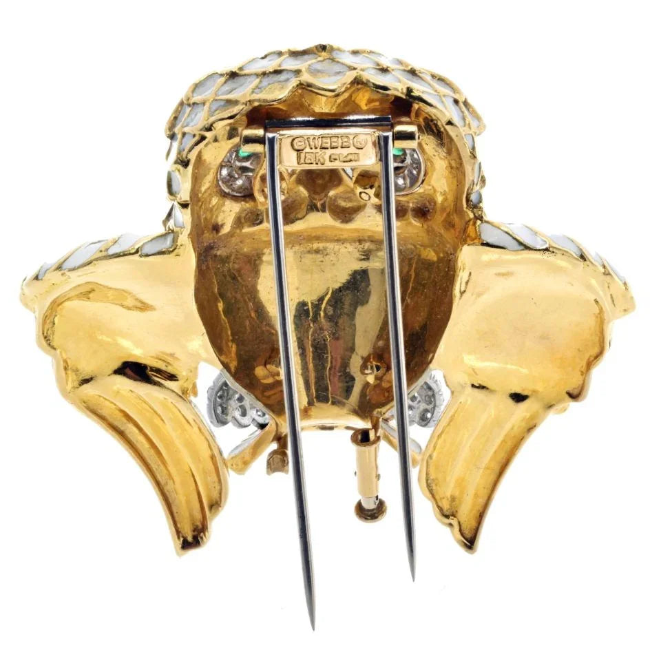 David Webb Platinum & 18K Yellow Gold White Enamel Emerald Eyes Owl Brooch - The Back Vault
