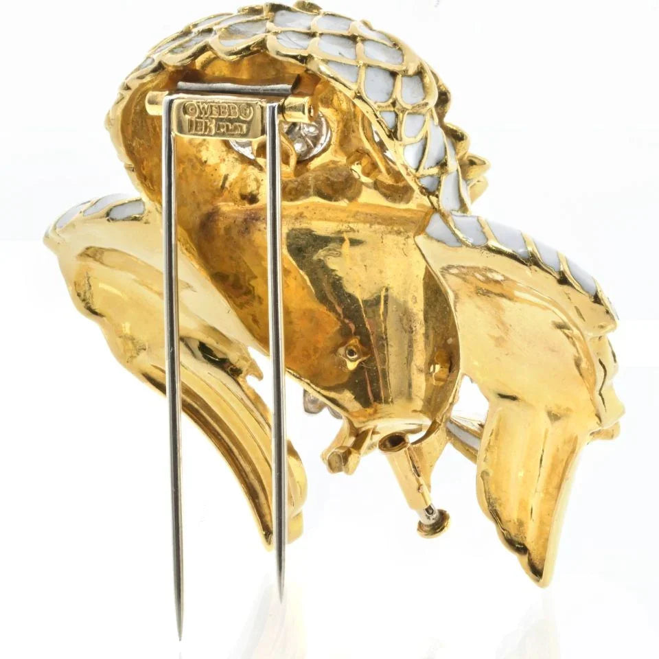 David Webb Platinum & 18K Yellow Gold White Enamel Emerald Eyes Owl Brooch - The Back Vault