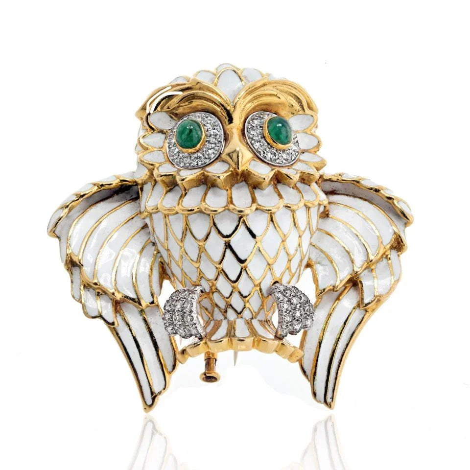 David Webb Platinum & 18K Yellow Gold White Enamel Emerald Eyes Owl Brooch - The Back Vault