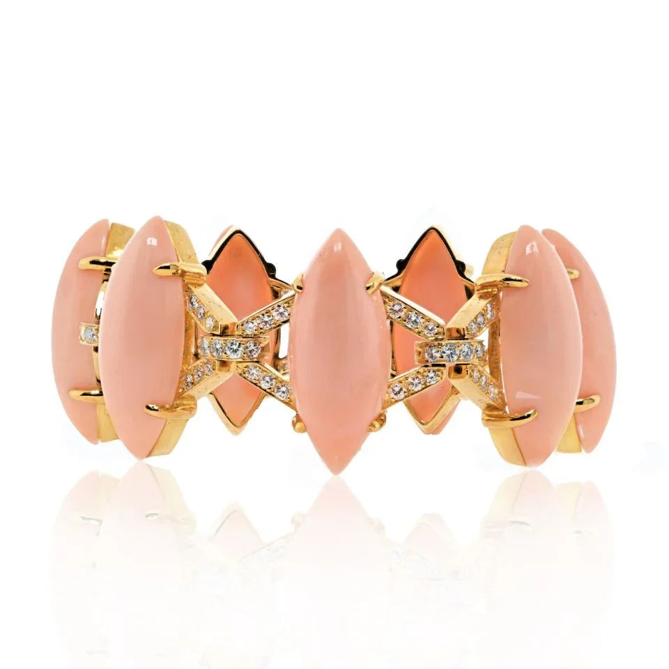 David Webb Platinum & 18K Yellow Gold Marquise Coral and 5.00cttw Diamond Bracelet - The Back Vault