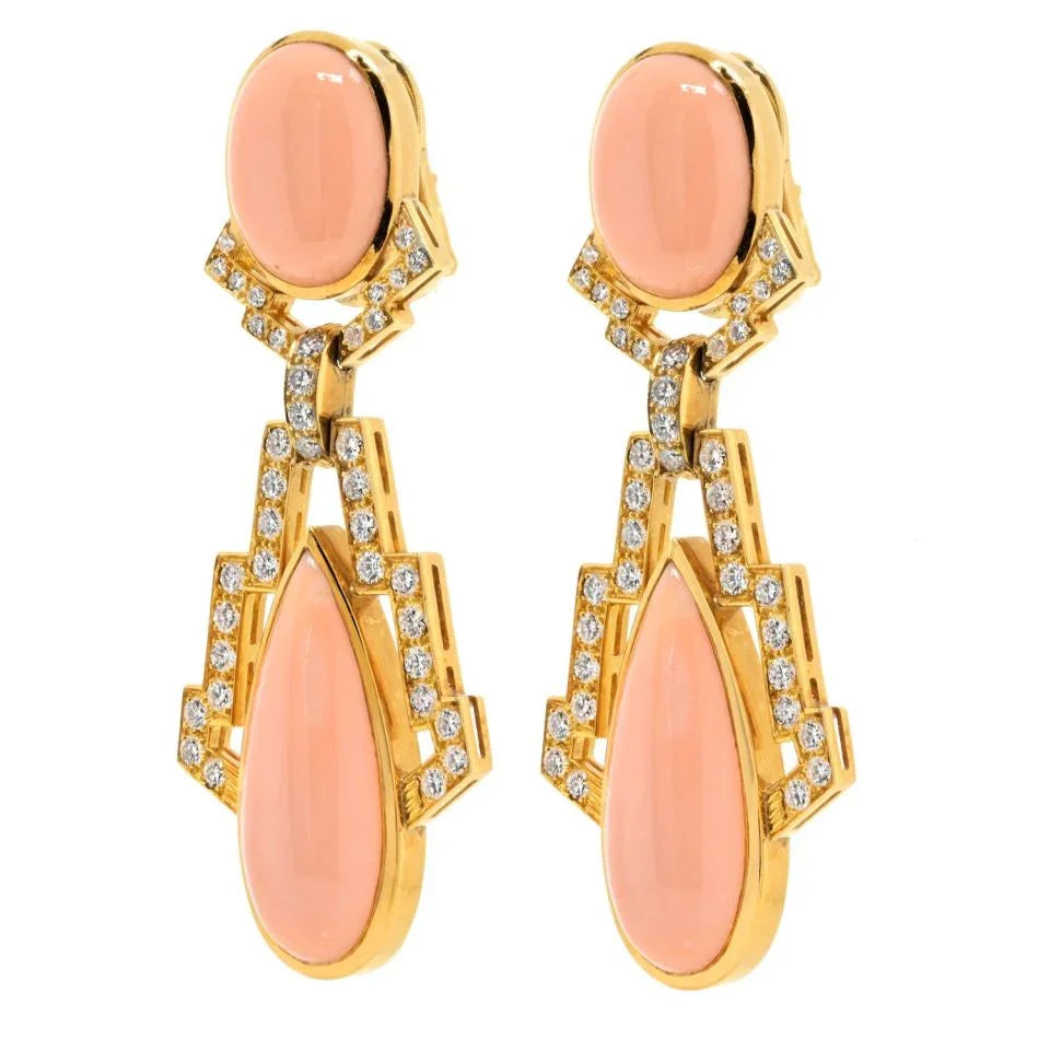 David Webb Platinum & 18K Yellow Gold Coral And 4.00cttw Diamond Drop Earrings - The Back Vault