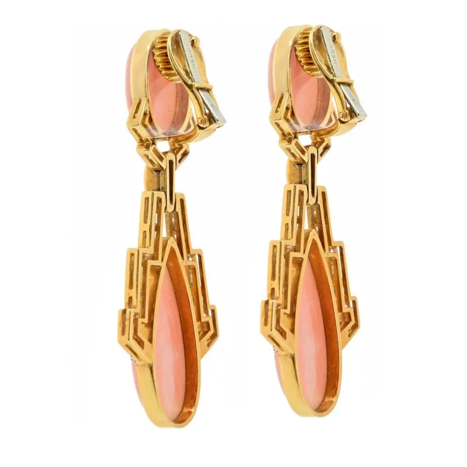 David Webb Platinum & 18K Yellow Gold Coral And 4.00cttw Diamond Drop Earrings - The Back Vault
