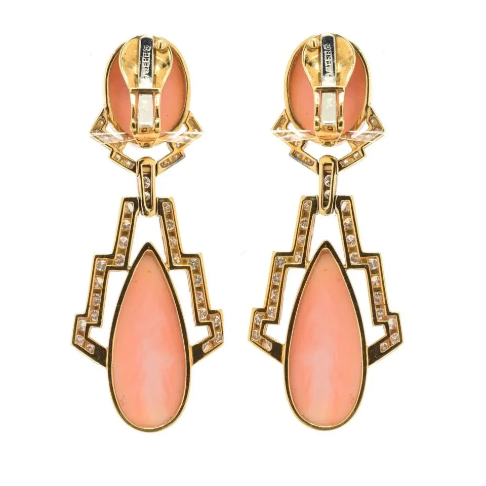 David Webb Platinum & 18K Yellow Gold Coral And 4.00cttw Diamond Drop Earrings - The Back Vault