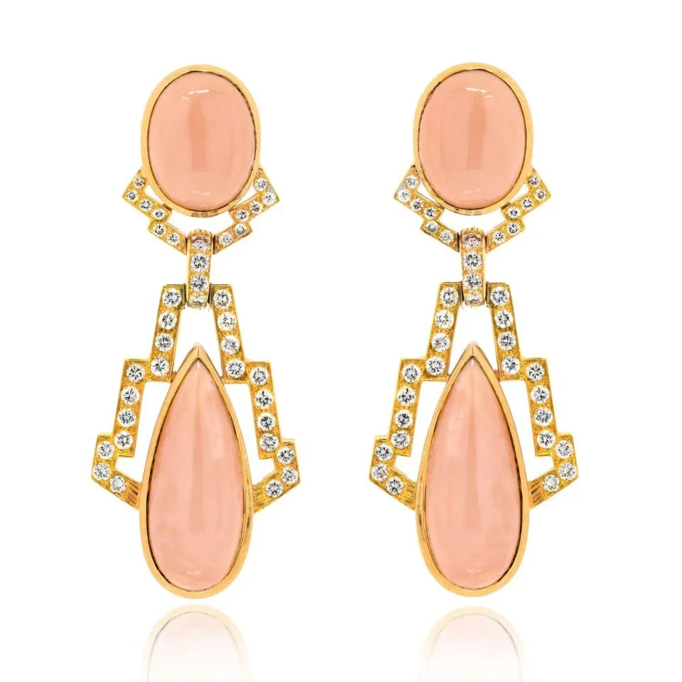 David Webb Platinum & 18K Yellow Gold Coral And 4.00cttw Diamond Drop Earrings - The Back Vault
