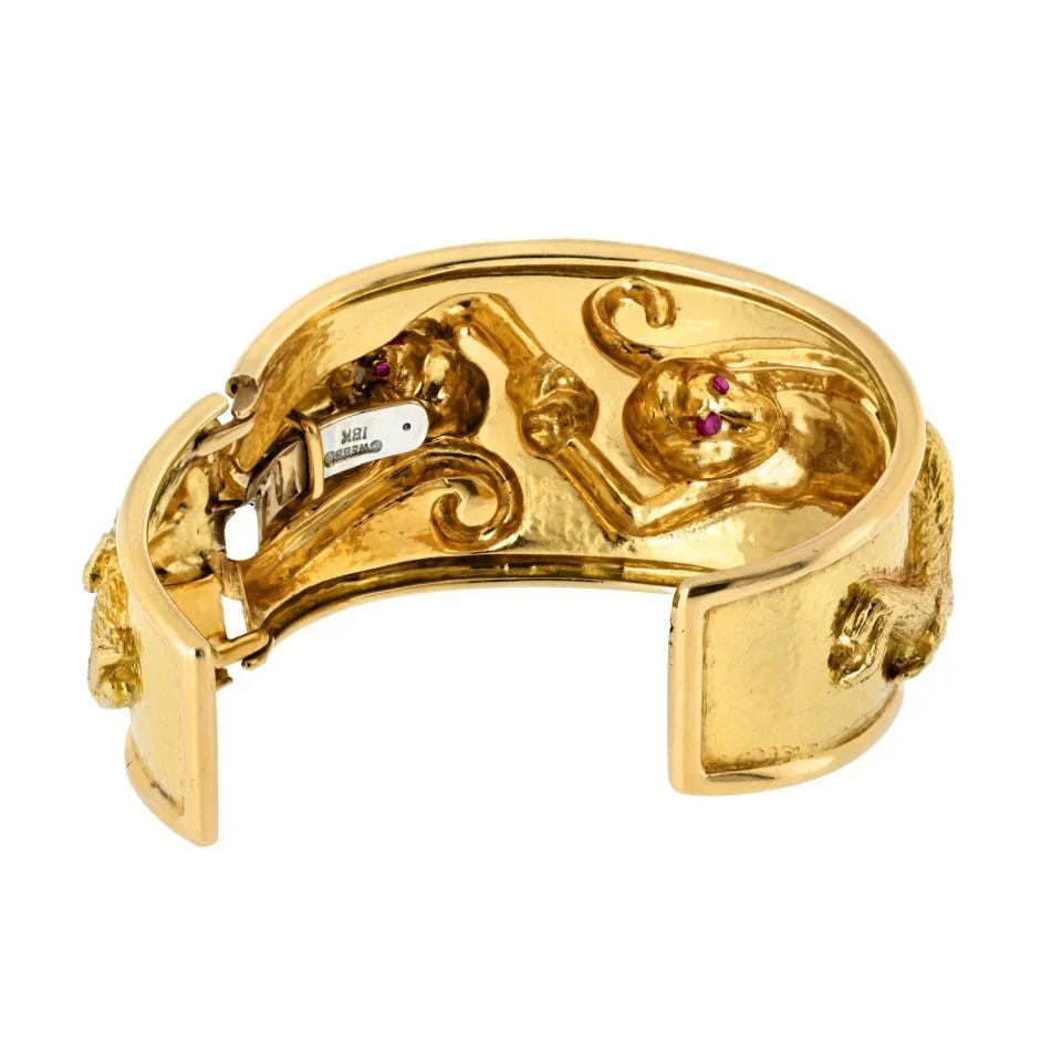 David Webb Platinum & 18K Yellow Gold Repousse Monkey Ruby Eyes Cuff Bracelet - The Back Vault