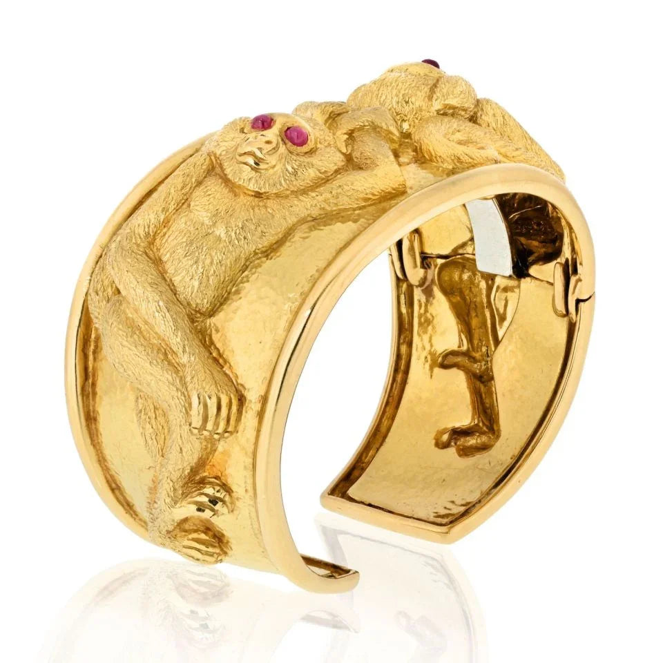David Webb Platinum & 18K Yellow Gold Repousse Monkey Ruby Eyes Cuff Bracelet - The Back Vault