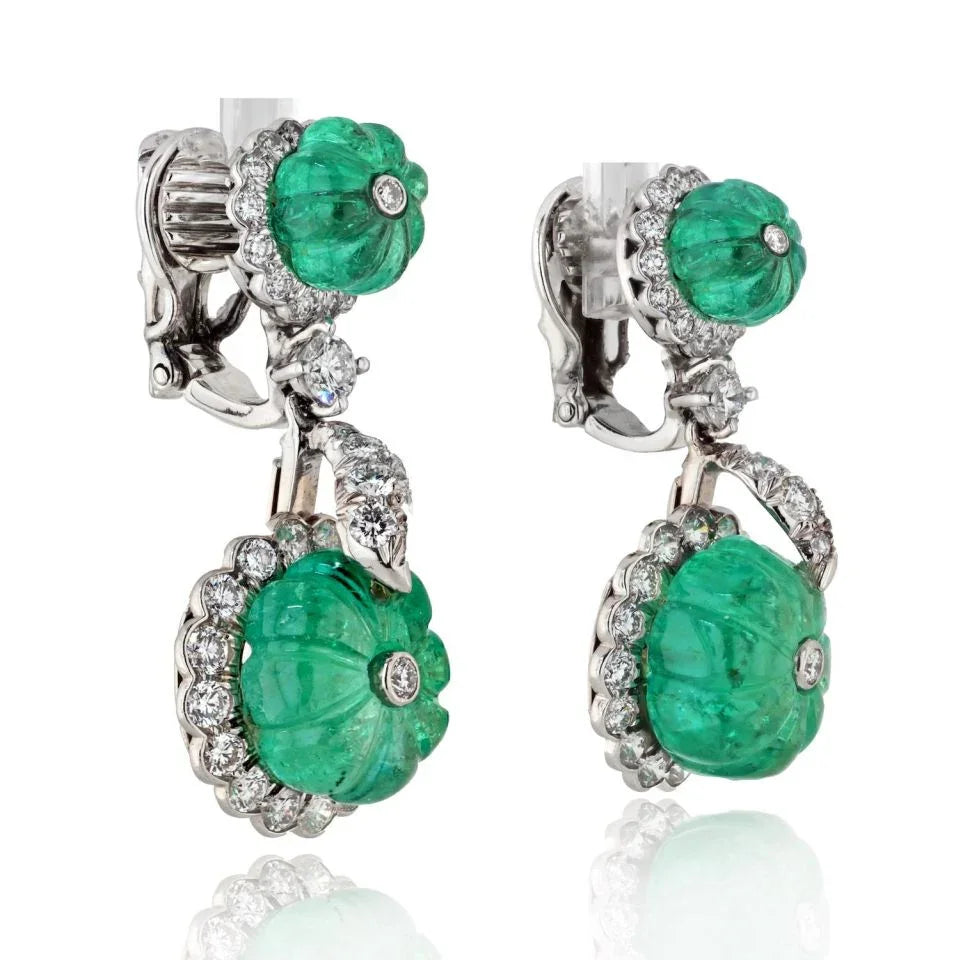 David Webb Platinum Carved Green Emerald And Diamond Drop Earrings - The Back Vault