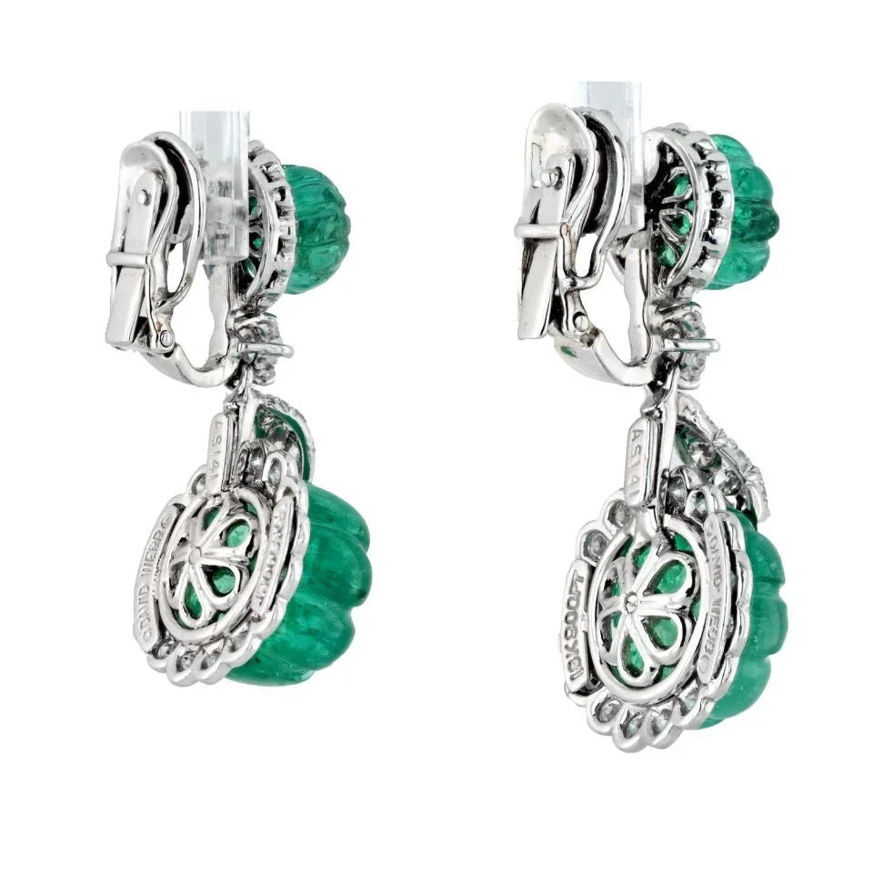 David Webb Platinum Carved Green Emerald And Diamond Drop Earrings - The Back Vault