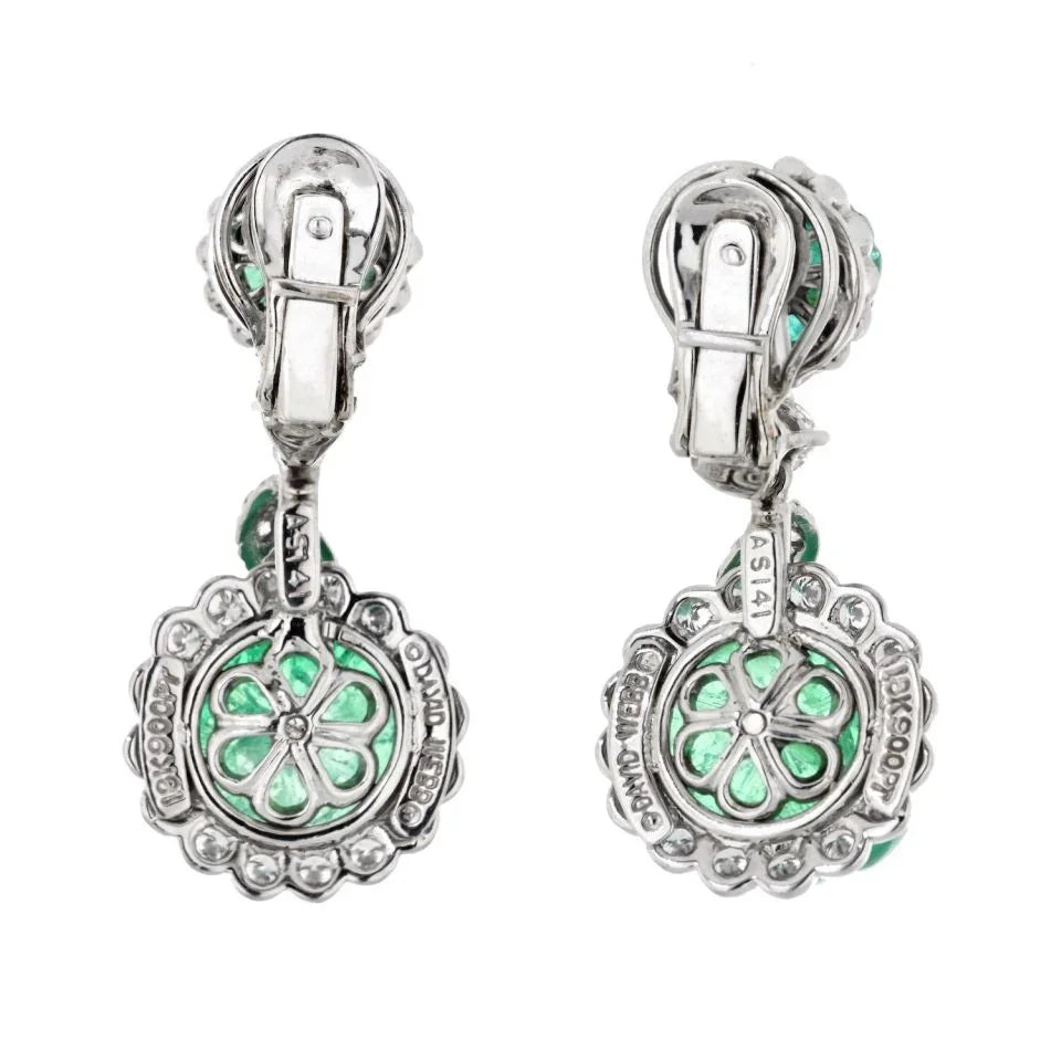 David Webb Platinum Carved Green Emerald And Diamond Drop Earrings - The Back Vault