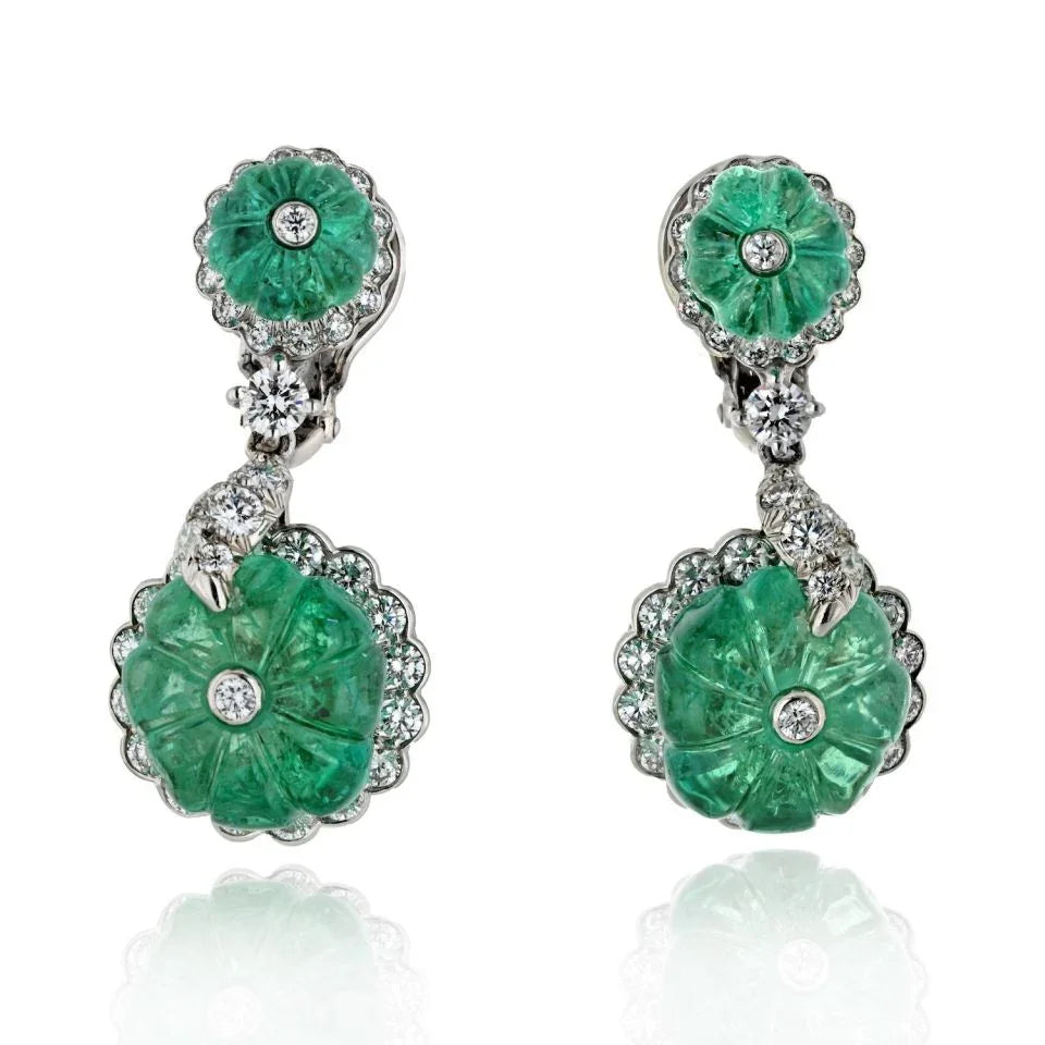 David Webb Platinum Carved Green Emerald And Diamond Drop Earrings - The Back Vault