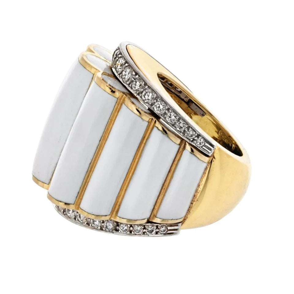 David Webb Platinum & 18K Yellow Gold White Enamel And Diamond Ring - The Back Vault
