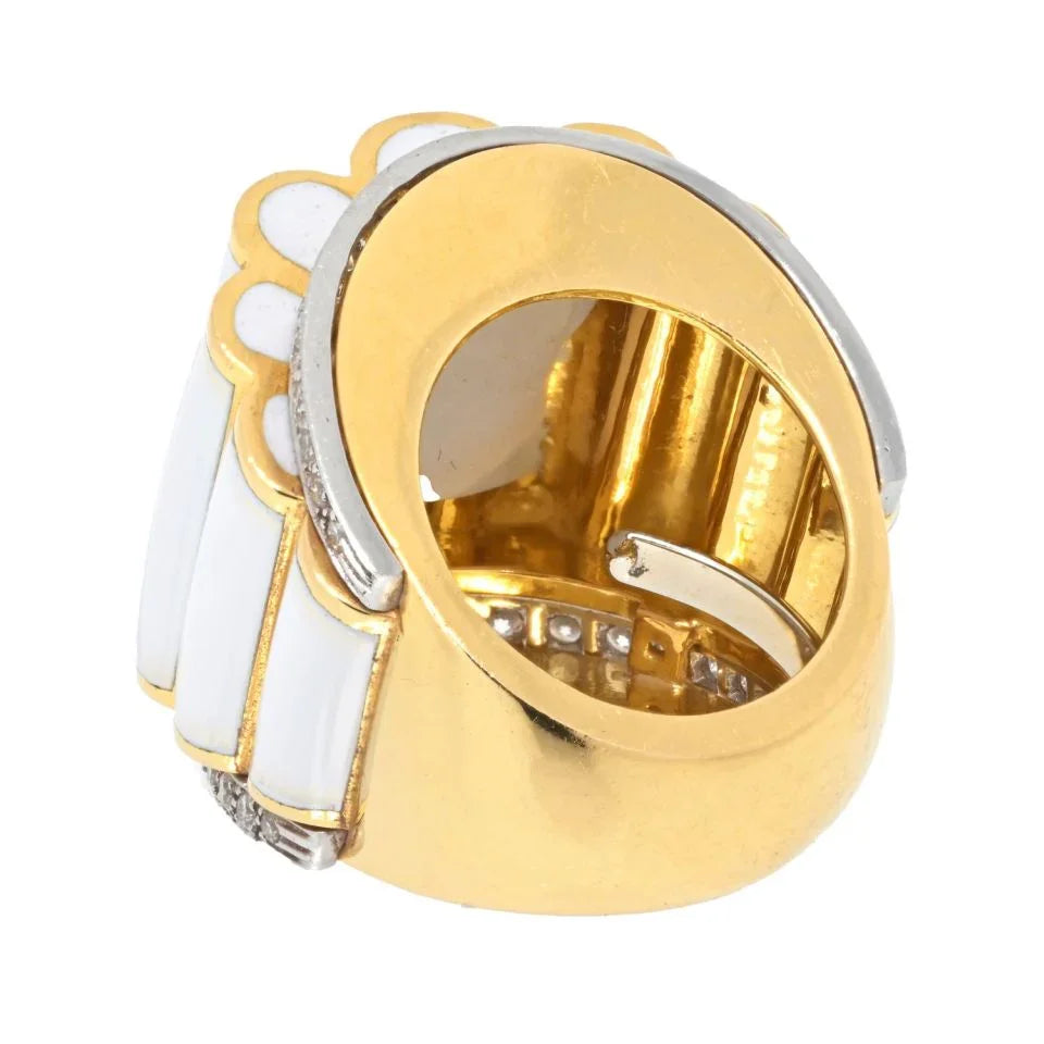 David Webb Platinum & 18K Yellow Gold White Enamel And Diamond Ring - The Back Vault