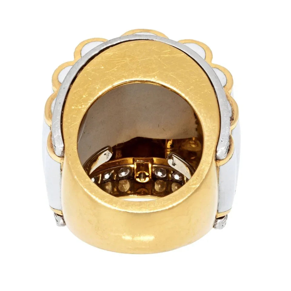 David Webb Platinum & 18K Yellow Gold White Enamel And Diamond Ring - The Back Vault
