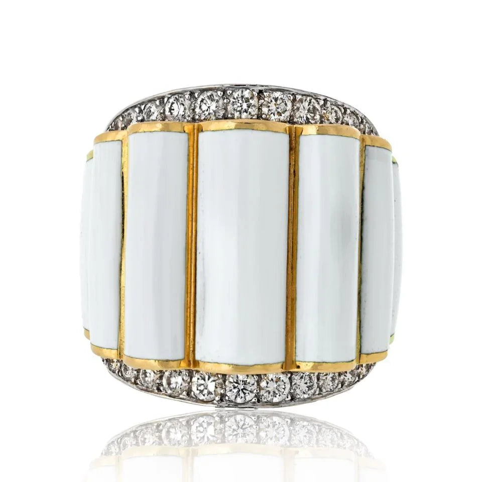 David Webb Platinum & 18K Yellow Gold White Enamel And Diamond Ring - The Back Vault