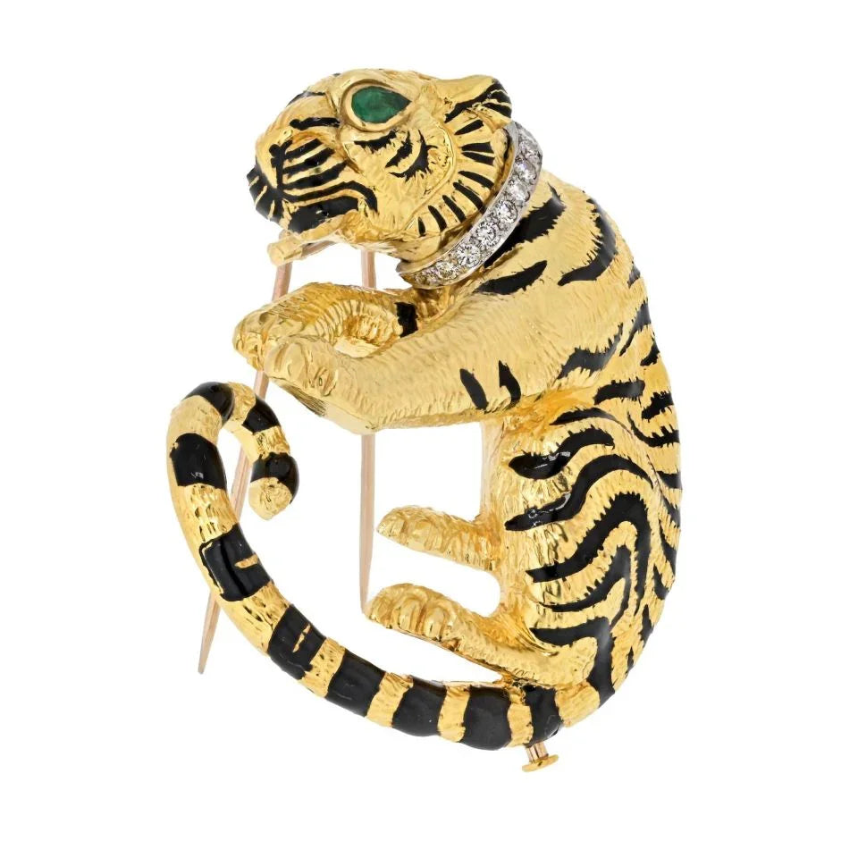 David Webb Platinum & 18K Yellow Gold Diamond Tiger Animal Brooch - The Back Vault